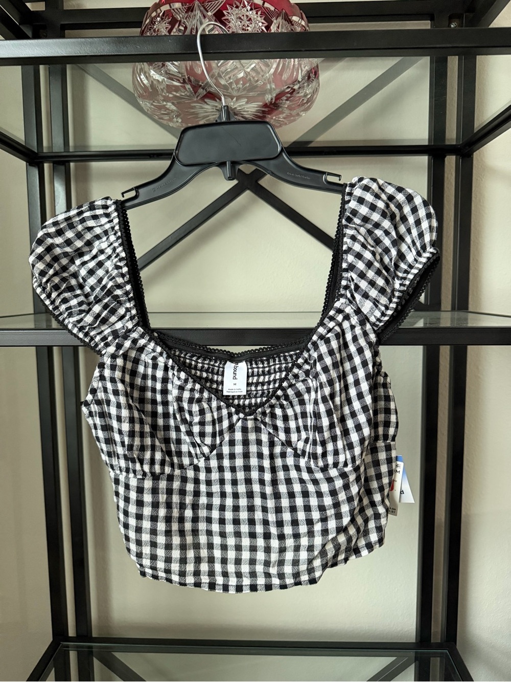 Abound Black and White Gingham Puff-Sleeve Crop Top